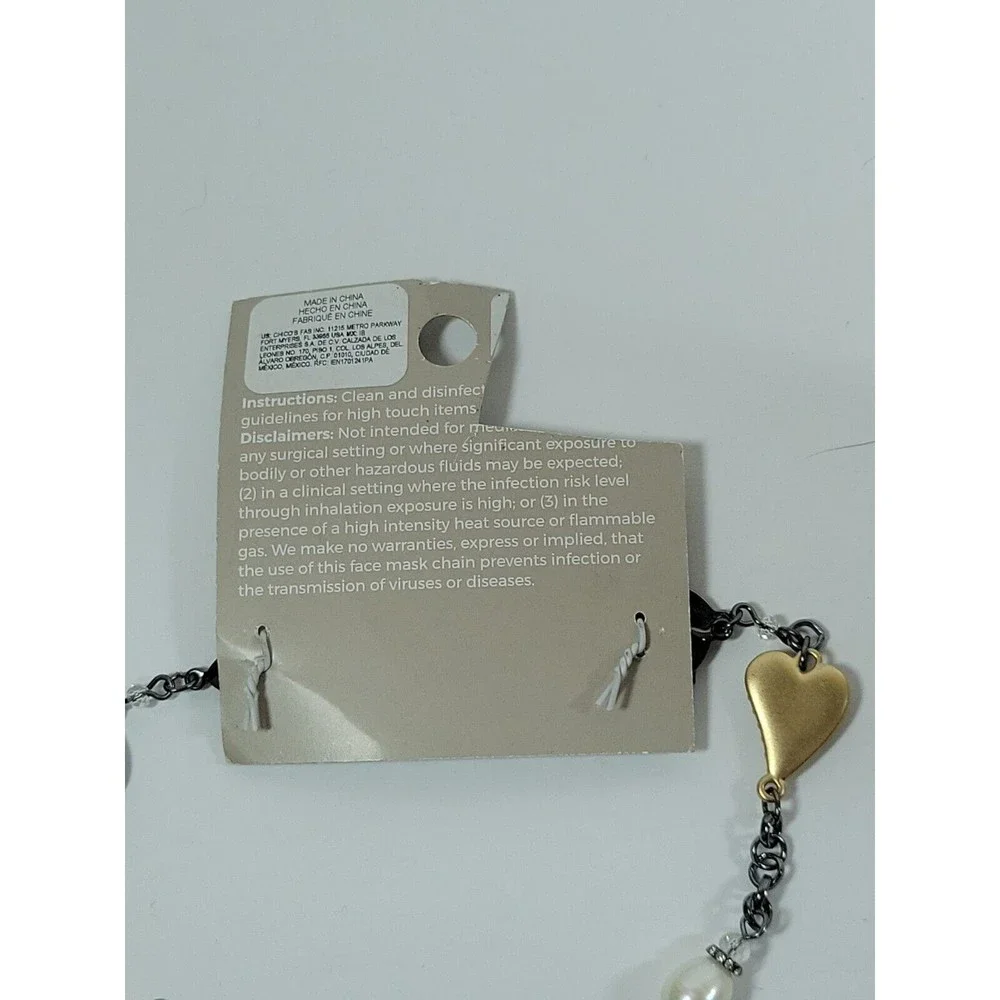 Chico's Gunmetal Heart Faux Pearl Peace Chic Convertible Mask Necklace-NWT